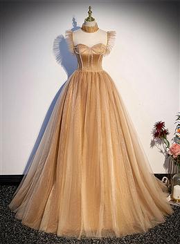 Picture of Champagne Tulle Beaded Long Sweet 16 Formal Dress, Champagne Party Dress